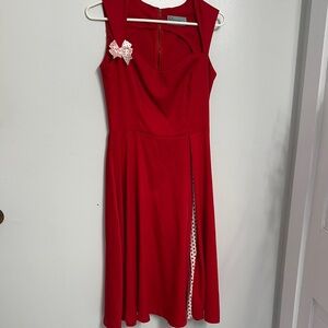 Chic Red Midi Dress with Bow Accent